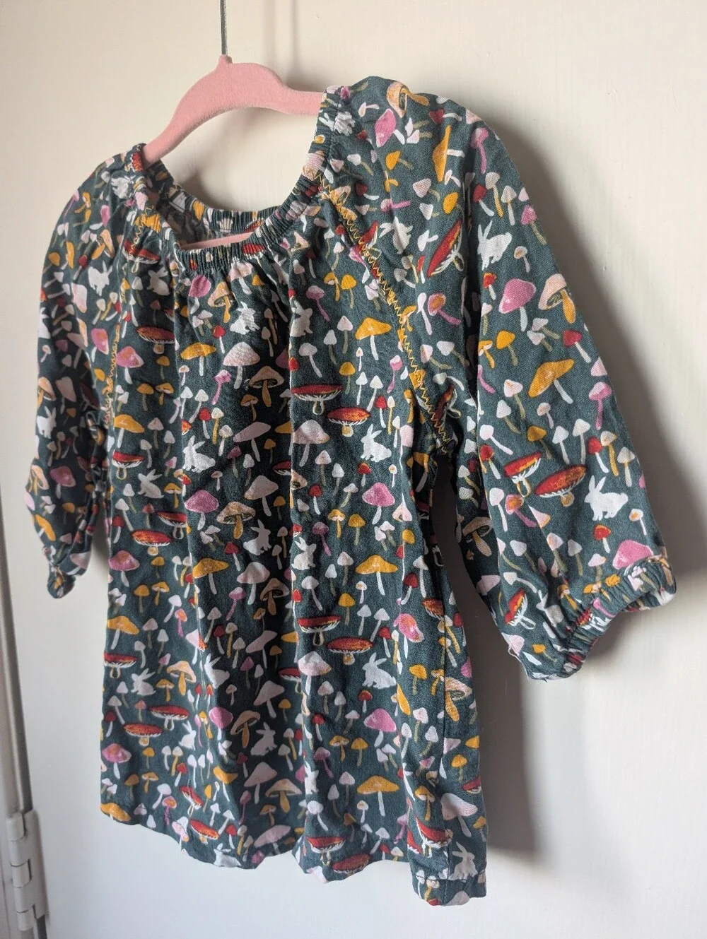 Girls' Dark Green Mushroom Print Peasant Top